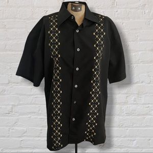 Linea Dome Black Tan Diamond Pattern Embroidery Short Sleeve Button Up Shirt
